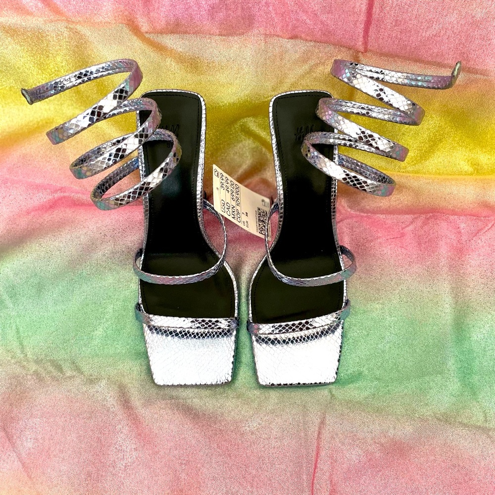 Metallic. Animal print. Spiral strap heel.